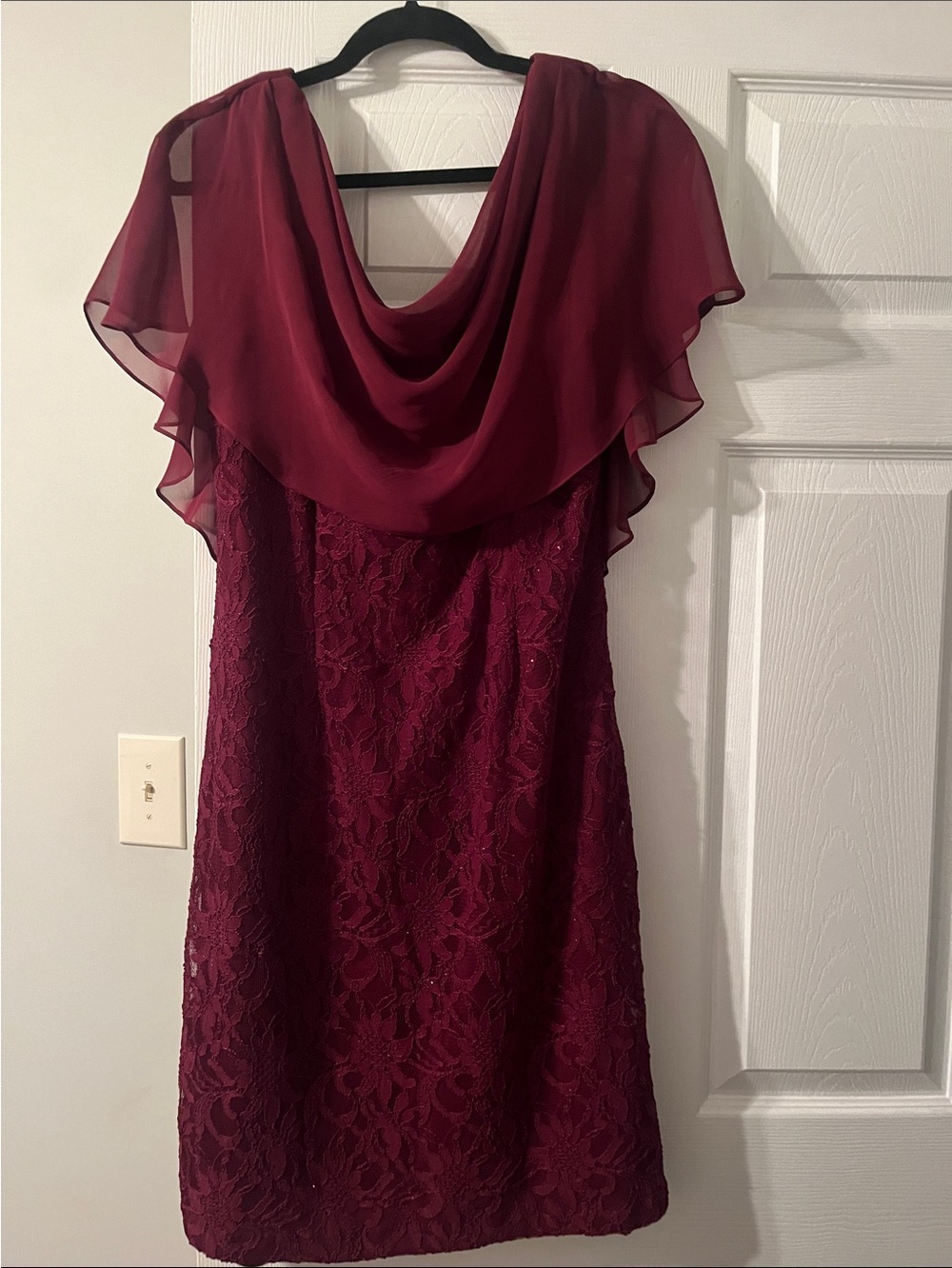 Jessica Howard Burgundy Lace Midi Dress with Chiffon Capelet